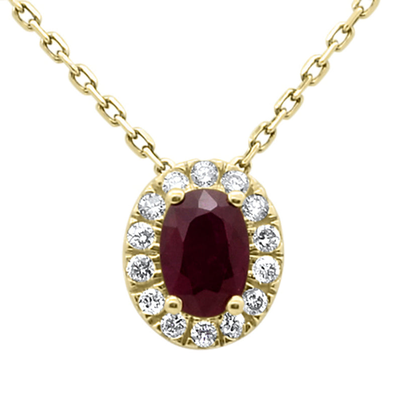 SPECIAL!.73ct G SI 14K Yellow Gold Oval Ruby Gemstone & Diamond Halo Pendant 18" Long