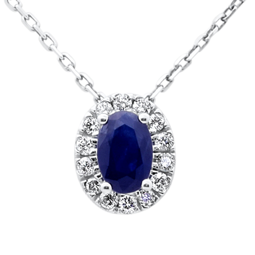 SPECIAL!.73ct G SI 14K White Gold Oval Blue Sapphire Gemstone & Diamond Halo Pendant 18" Long