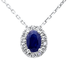 SPECIAL!.73ct G SI 14K White Gold Oval Blue Sapphire Gemstone & Diamond Halo Pendant 18" Long