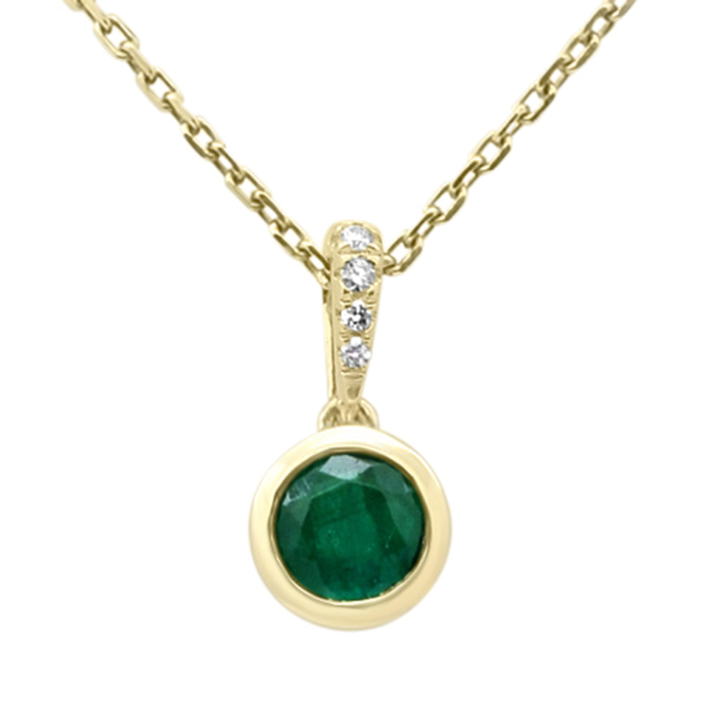 .57ct G SI 14K Yellow Gold Diamond & Emerald Gemstone Bezel Set Pendant 18" Long