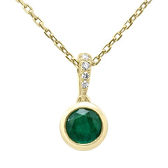 .57ct G SI 14K Yellow Gold Diamond & Emerald Gemstone Bezel Set Pendant 18" Long