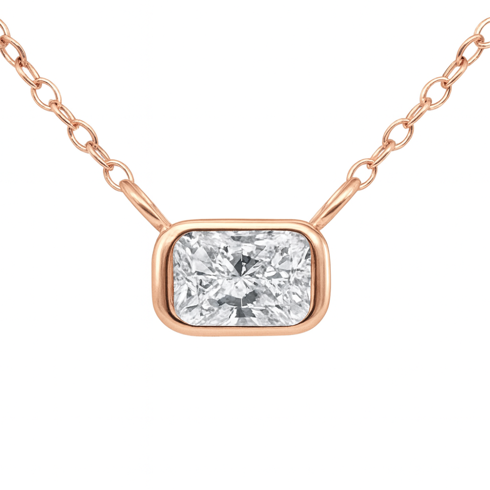 SPECIAL!.31ct G SI 14K Rose Gold Bezel Set Radiant Cut Diamond Pendant 18" Long