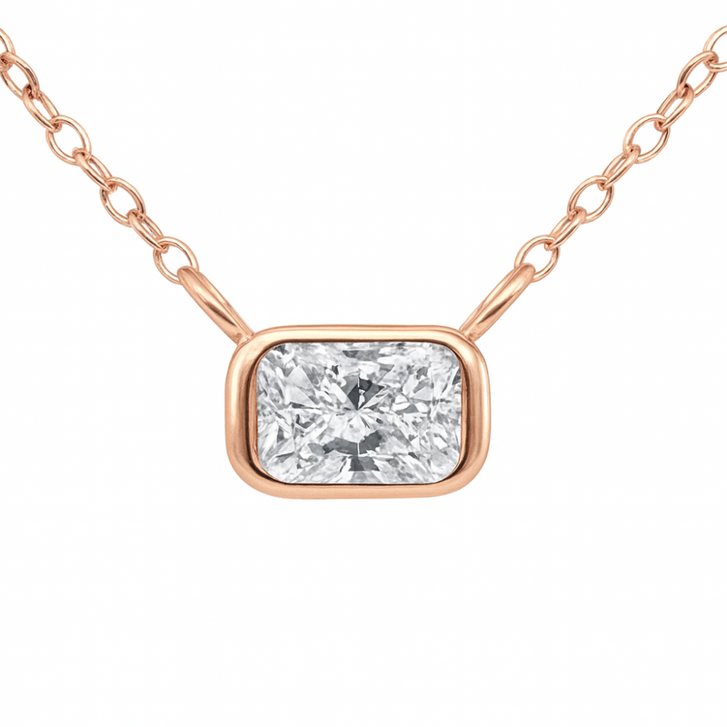 SPECIAL!.31ct G SI 14K Rose Gold Bezel Set Radiant Cut Diamond Pendant 18" Long