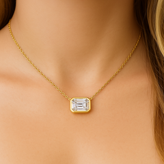 SPECIAL!.90ct G SI 14K Yellow Gold Diamond Bezel Emerald Cut Pendant 18" Long