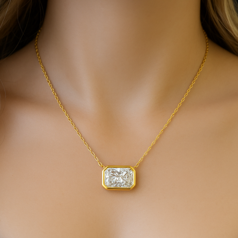 SPECIAL!1.00ct G SI 14K Yellow Gold Bezel Set Radiant Cut Diamond Pendant 18" Long
