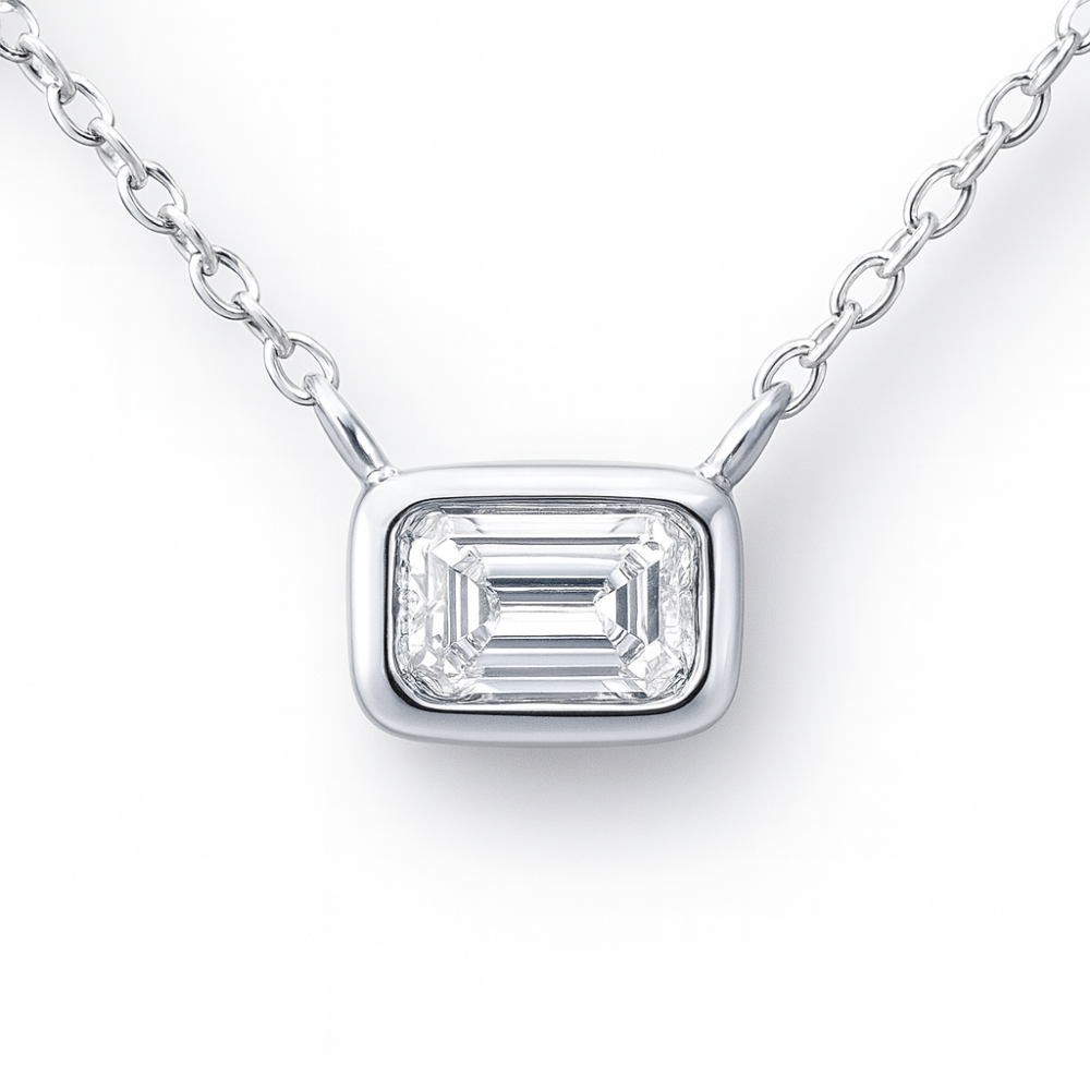 SPECIAL!.27ct G SI 14K White Gold Emerald Cut Diamond Bezel Pendant 18" Long