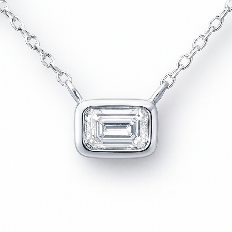 SPECIAL!.27ct G SI 14K White Gold Emerald Cut Diamond Bezel Pendant 18" Long