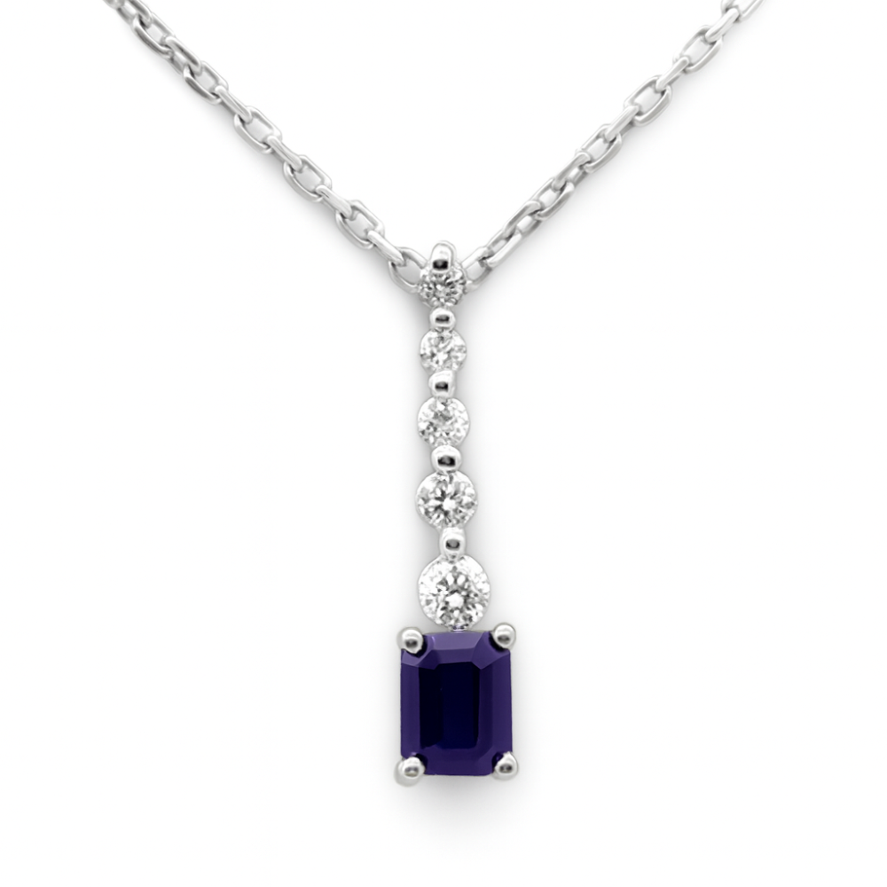 .29ct G SI 14K White Gold Diamond & Blue Sapphire Gemstone Drop Dangle Pendant 18" Long