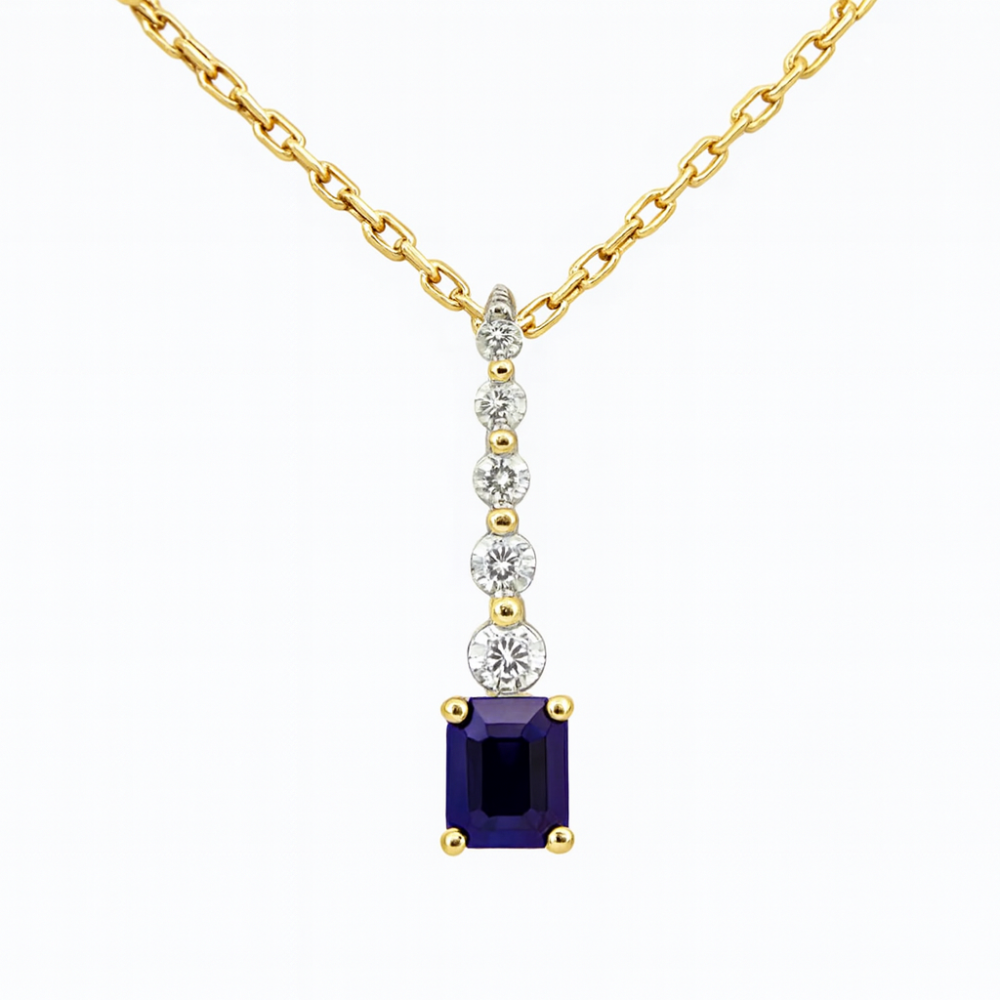 .30ct G SI 14K Yellow Gold Diamond & Blue Sapphire Gemstone Drop Dangle Pendant 18" Long