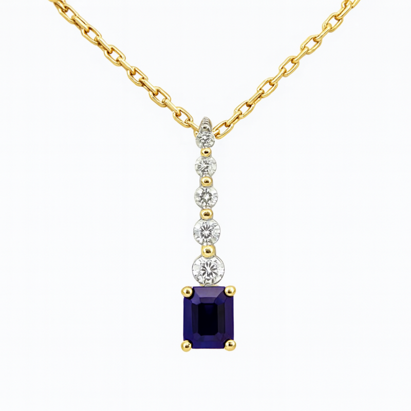 .30ct G SI 14K Yellow Gold Diamond & Blue Sapphire Gemstone Drop Dangle Pendant 18" Long