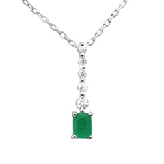 .28ct G SI 14K White Gold Diamond & Emerald Gemstone Pendant 18" Long