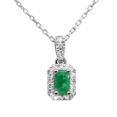 SPECIAL! .31ct G SI 14K White Gold Diamond & Emerald Gemstone Halo Pendant 18" Long