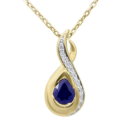 SPECIAL! .45ct G SI 14K Yellow Gold Diamond & Blue Sapphire Gemstone Teardrop Pendant 18" Long