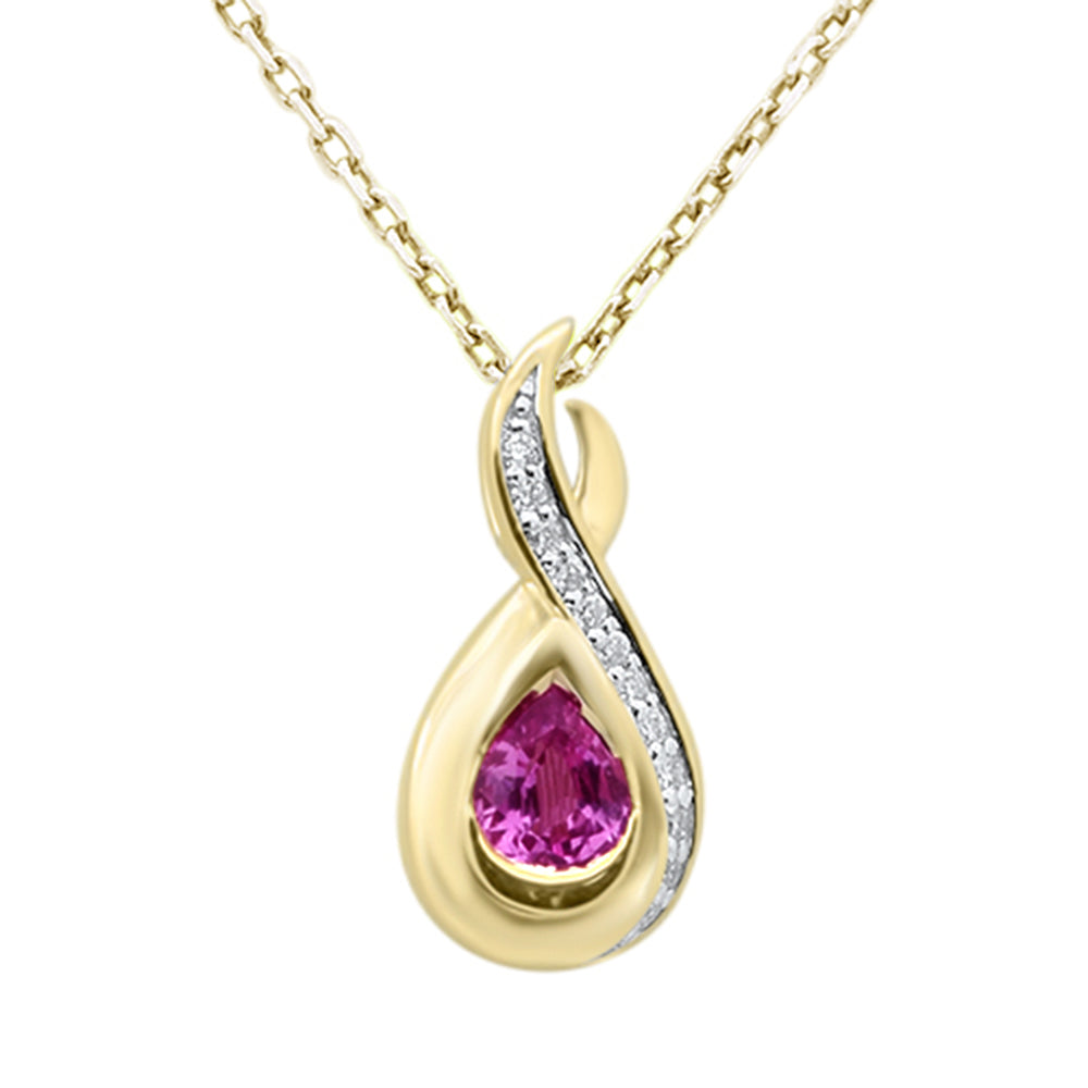 SPECIAL! .47ct G SI 14K Yellow Gold Diamond & Pink Sapphire Gemstone Teardrop Pendant 18" Long