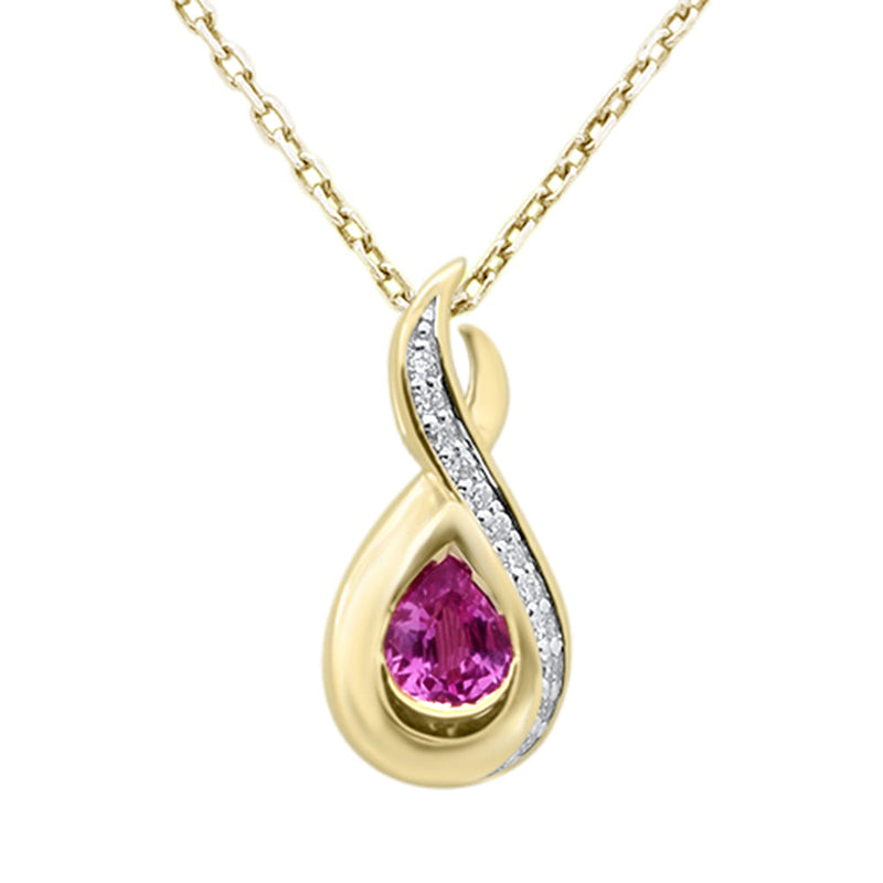 SPECIAL! .47ct G SI 14K Yellow Gold Diamond & Pink Sapphire Gemstone Teardrop Pendant 18" Long