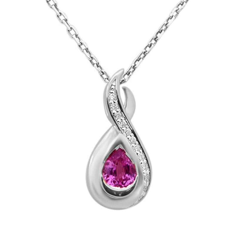 SPECIAL! .43ct G SI 14K White Gold Diamond & Pink Sapphire Gemstone Teardrop Pendant 18" Long