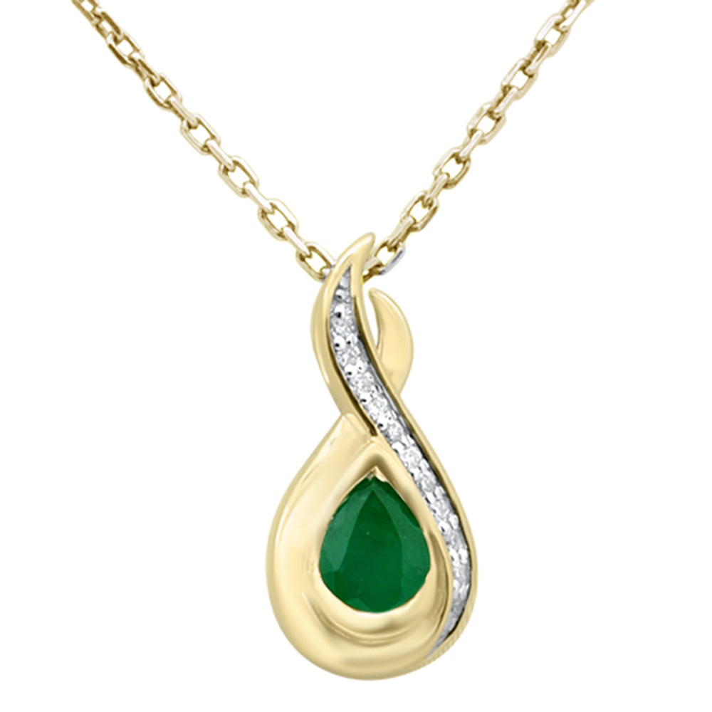 SPECIAL! .30ct G SI 14K Yellow Gold Diamond & Emerald Gemstone Teardrop Pendant 18" Long
