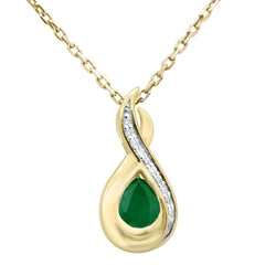SPECIAL! .30ct G SI 14K Yellow Gold Diamond & Emerald Gemstone Teardrop Pendant 18" Long