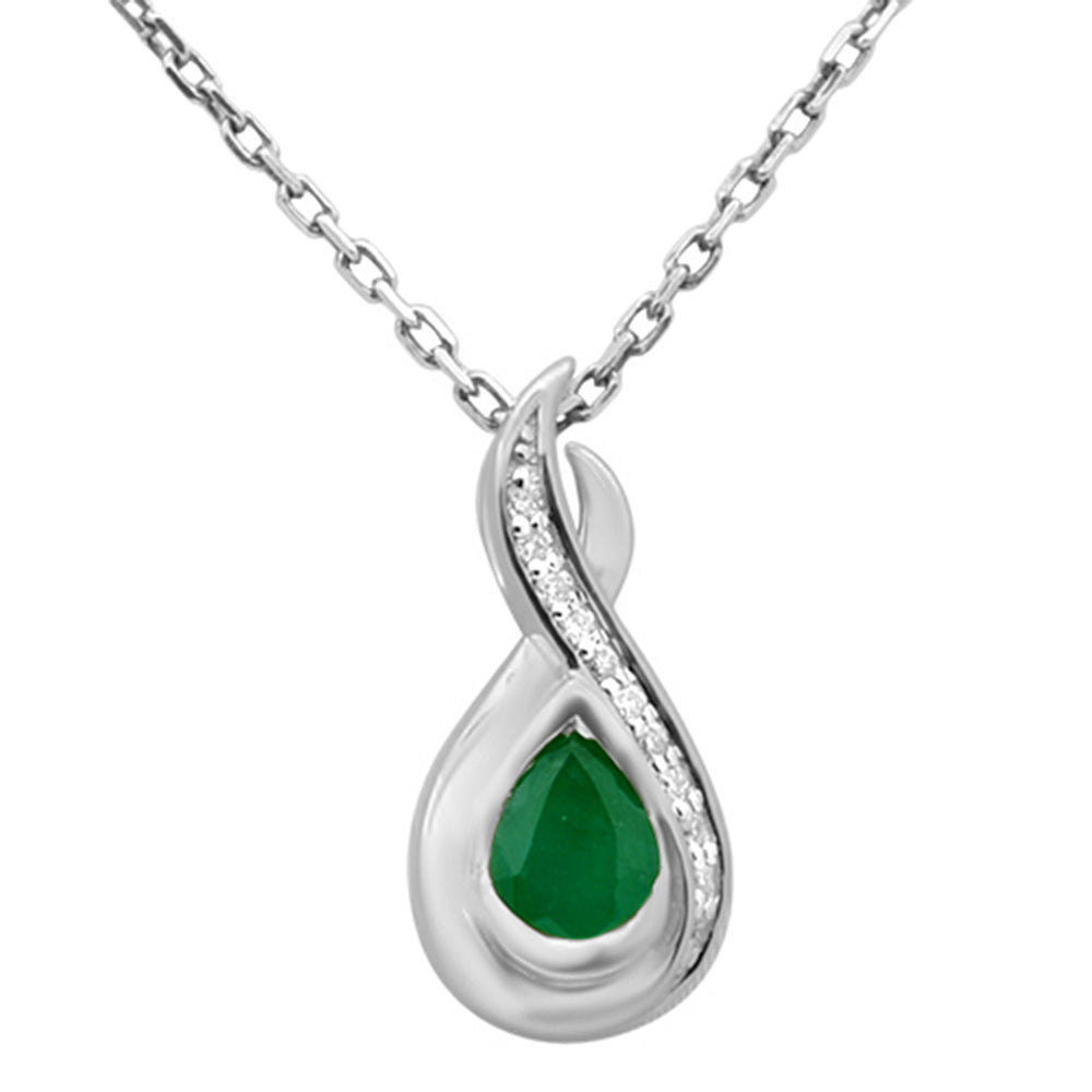 SPECIAL! .30ct G SI 14K White Gold Diamond & Emerald Gemstone Teardrop Pendant 18" Long