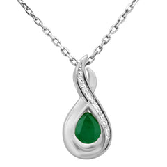 SPECIAL! .30ct G SI 14K White Gold Diamond & Emerald Gemstone Teardrop Pendant 18" Long