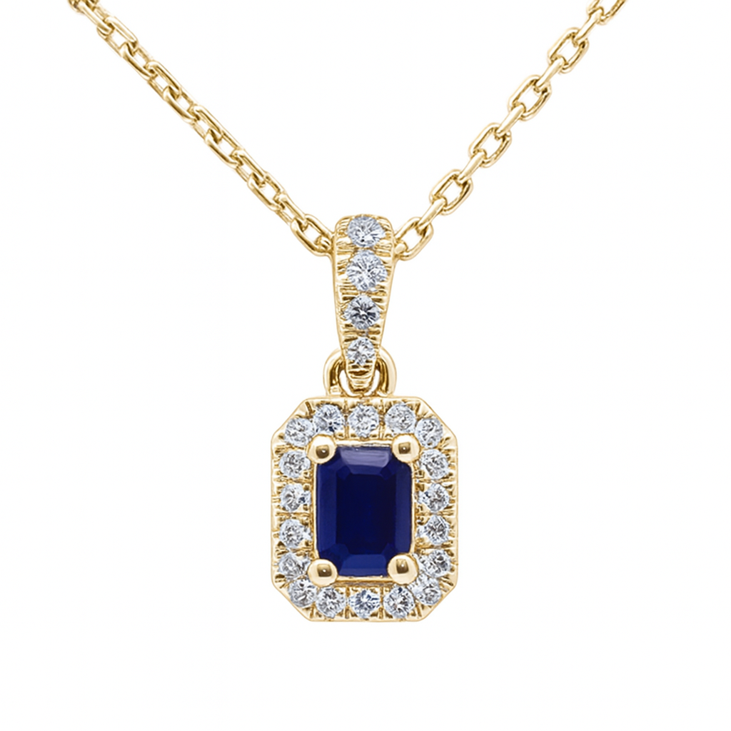 SPECIAL! .32ct G SI 14K Yellow Gold Diamond & Blue Sapphire Gemstone Halo Pendant 18" Long