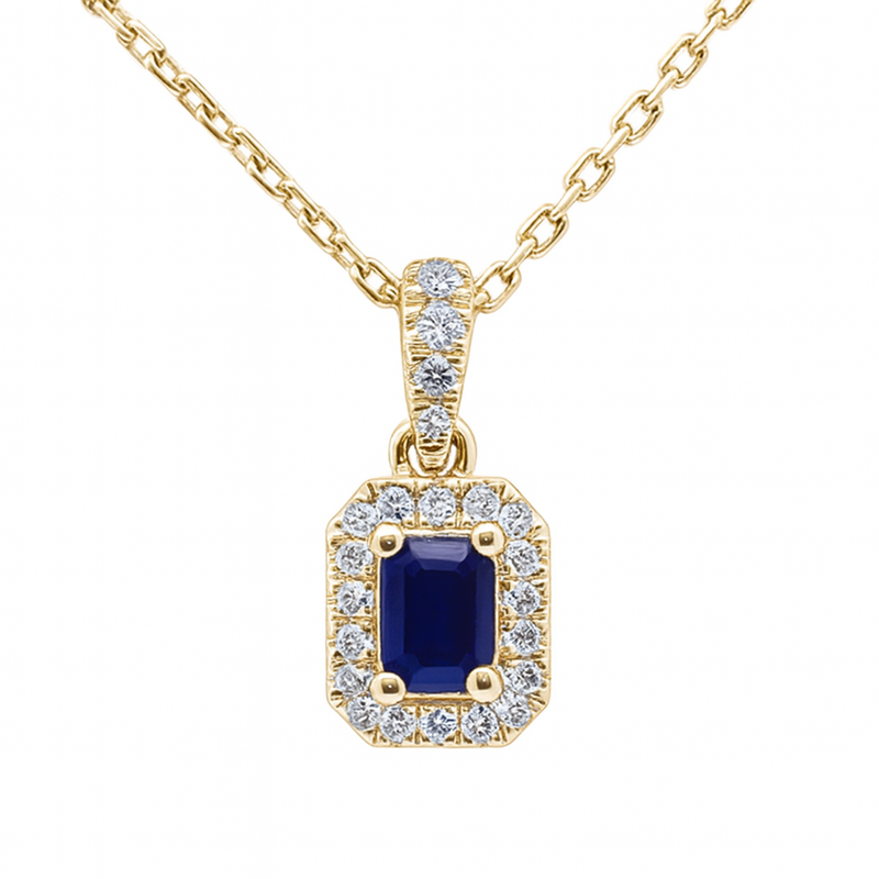 SPECIAL! .32ct G SI 14K Yellow Gold Diamond & Blue Sapphire Gemstone Halo Pendant 18" Long