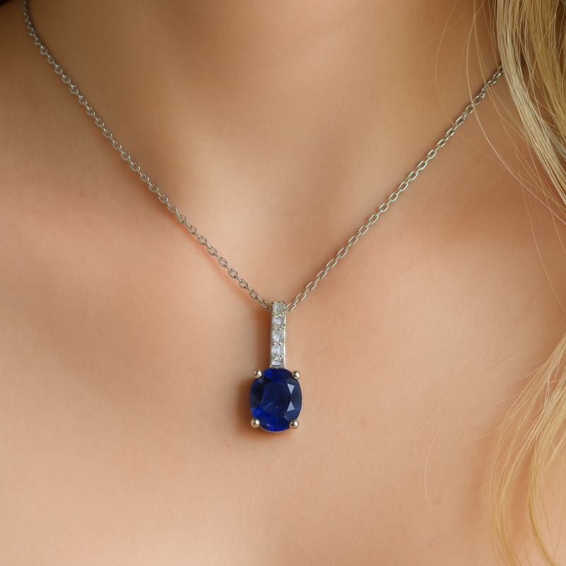 SPECIAL!1.94ct G SI 14K White Gold Diamond & Blue Sapphire Gemstone Pendant 18" Long
