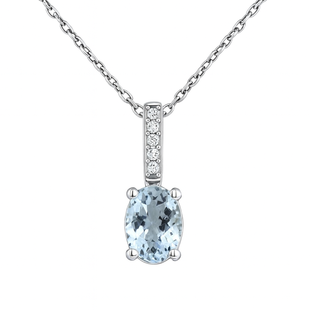 SPECIAL!1.23ct G SI 14K White Gold Diamond & Aquamarine Gemstone Pendant 18" Long
