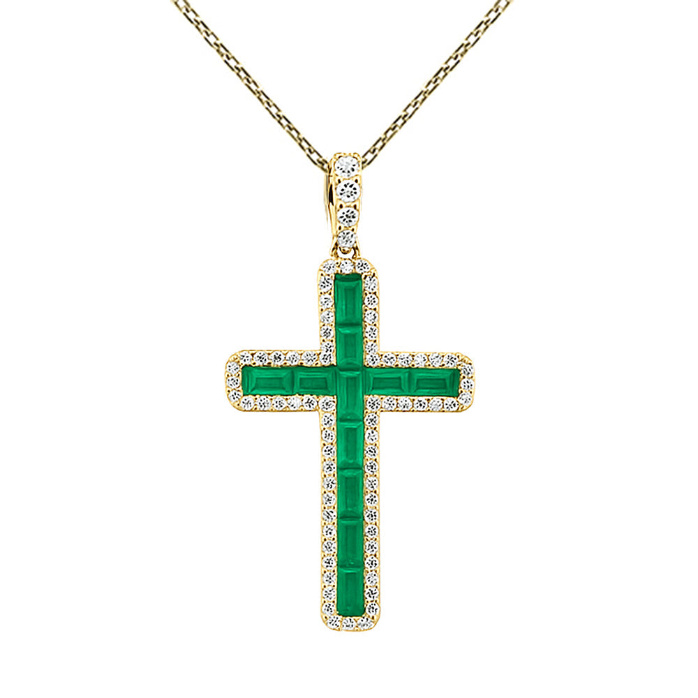SPECIAL!1.14ct G SI 14K Yellow Gold Diamond & Emerald Gemstone Cross Pendant 18" Long