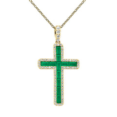 SPECIAL!1.14ct G SI 14K Yellow Gold Diamond & Emerald Gemstone Cross Pendant 18" Long