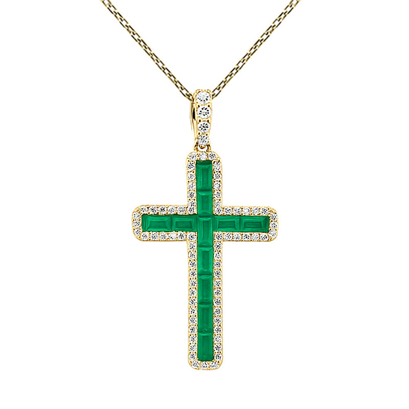 SPECIAL!1.14ct G SI 14K Yellow Gold Diamond & Emerald Gemstone Cross Pendant 18" Long