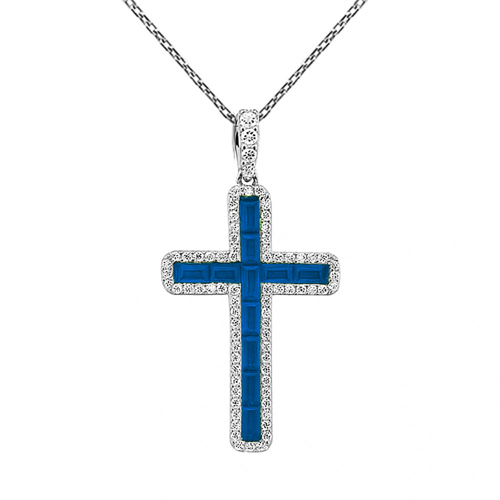 SPECIAL! 1.61ct G SI 14K White Gold Diamond & Blue Sapphire Gemstone Cross Pendant 18" Long