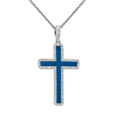 SPECIAL! 1.61ct G SI 14K White Gold Diamond & Blue Sapphire Gemstone Cross Pendant 18" Long