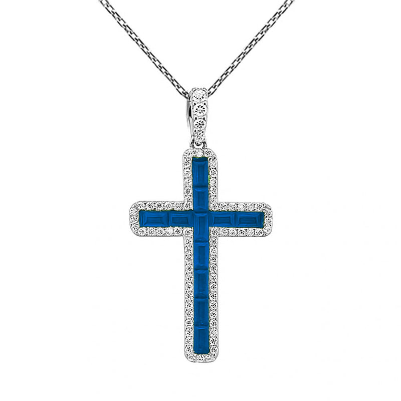 SPECIAL! 1.61ct G SI 14K White Gold Diamond & Blue Sapphire Gemstone Cross Pendant 18" Long