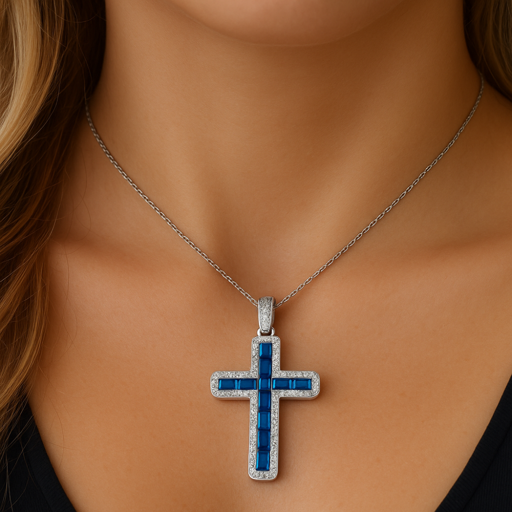 SPECIAL! 1.61ct G SI 14K White Gold Diamond & Blue Sapphire Gemstone Cross Pendant 18" Long