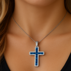 SPECIAL! 1.61ct G SI 14K White Gold Diamond & Blue Sapphire Gemstone Cross Pendant 18" Long