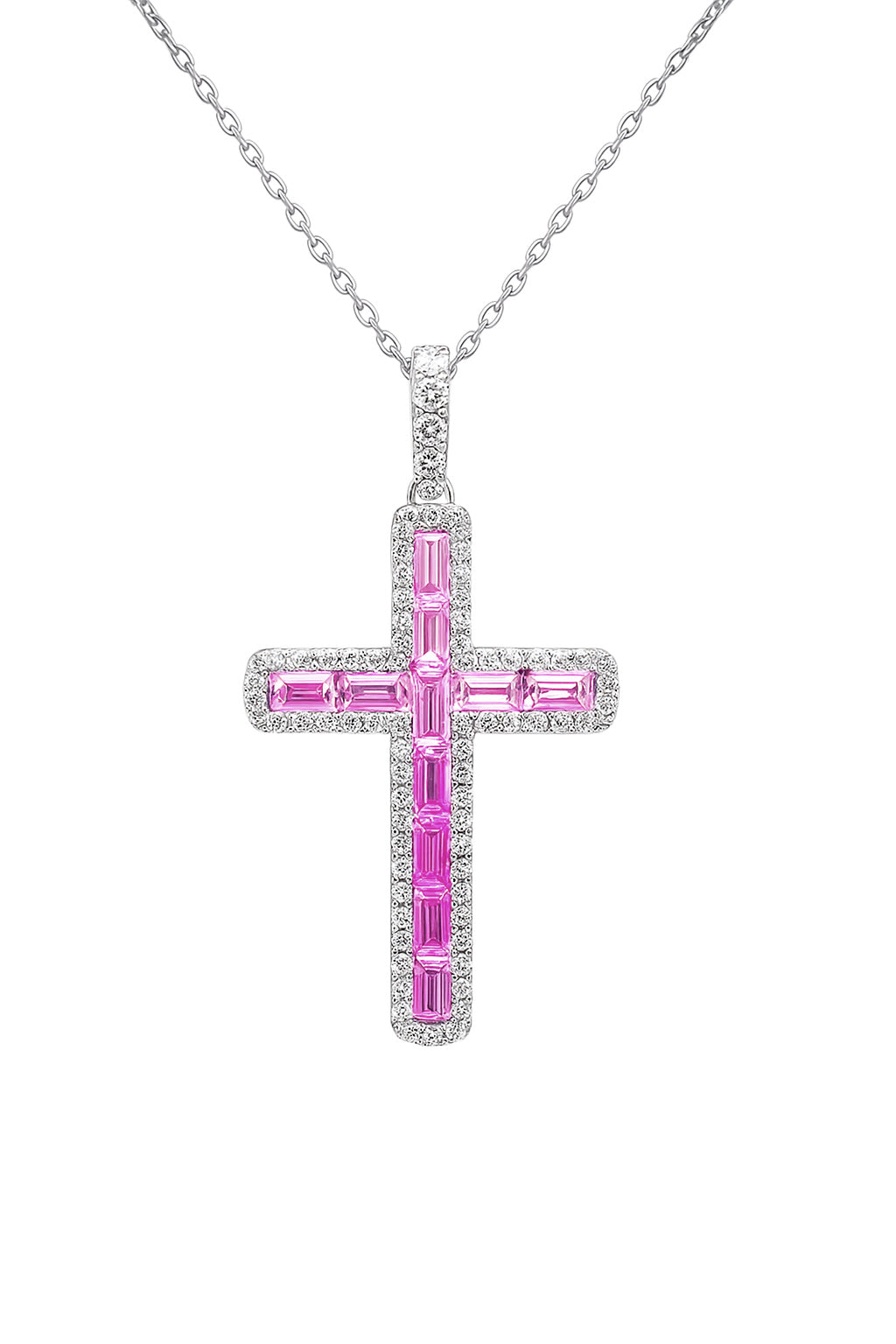 SPECIAL!1.48ct G SI 14K White Gold Diamond & Pink Sapphire Gemstone Cross Pendant 18" Long