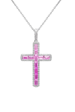SPECIAL!1.48ct G SI 14K White Gold Diamond & Pink Sapphire Gemstone Cross Pendant 18" Long