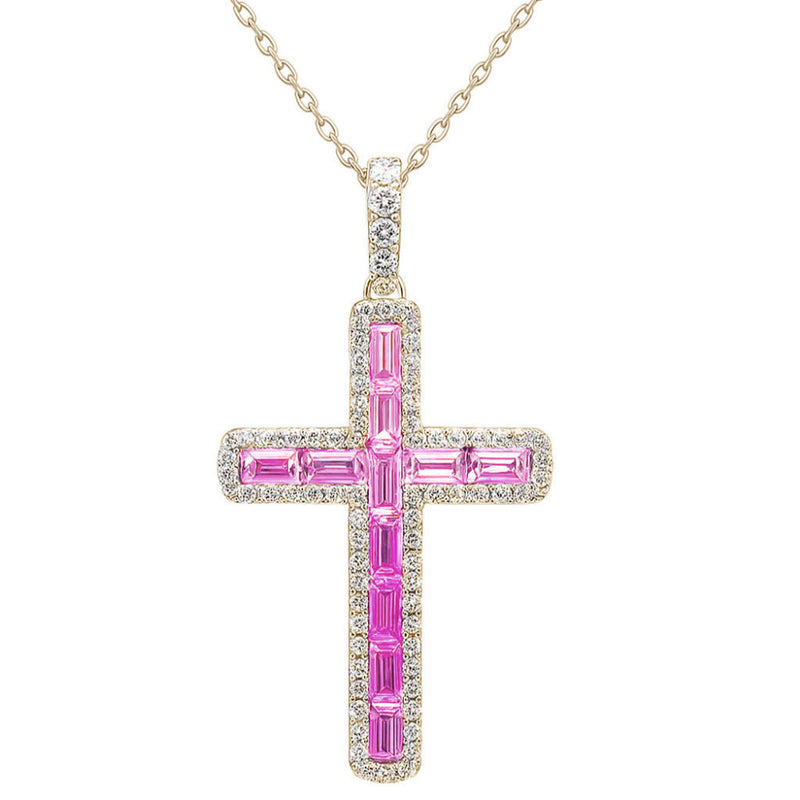 SPECIAL!1.39ct G SI 14K Yellow Gold Diamond & Pink Sapphire Gemstone Cross Pendant 18" Long