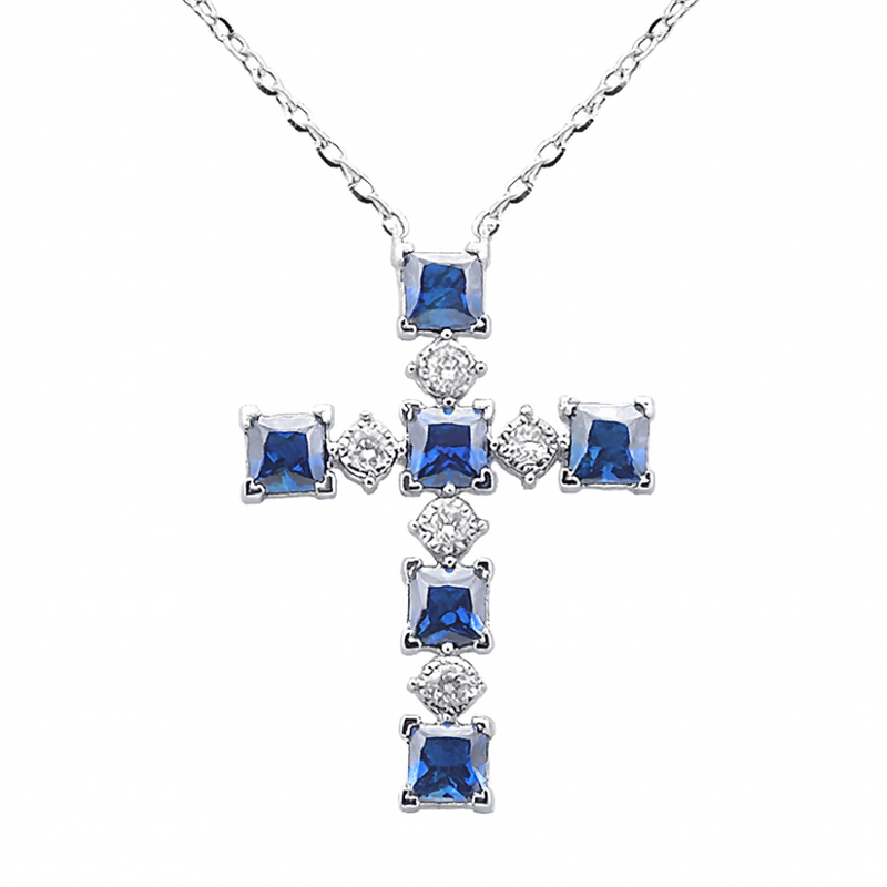 SPECIAL!.88ct G SI 14K White Gold Diamond & Blue Sapphire Gemstone Cross Pendant 18" Long
