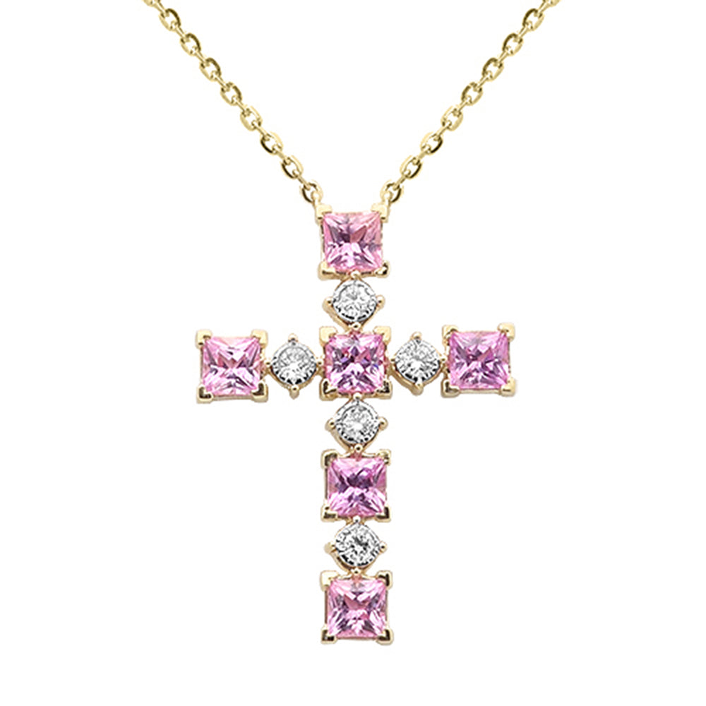 SPECIAL!.88ct G SI 14K Yellow Gold Diamond & Pink Sapphire Gemstone Cross Pendant 18" Long