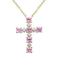SPECIAL!.88ct G SI 14K Yellow Gold Diamond & Pink Sapphire Gemstone Cross Pendant 18" Long