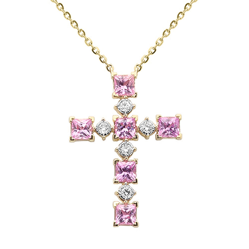 SPECIAL!.88ct G SI 14K Yellow Gold Diamond & Pink Sapphire Gemstone Cross Pendant 18" Long