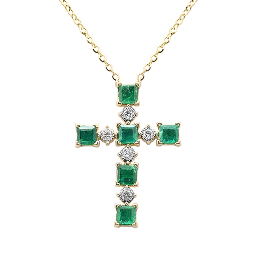 SPECIAL!.77ct G SI 14K Yellow Gold Diamond & Emerald Gemstone Cross Pendant 18" Long