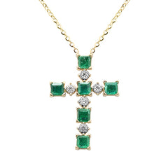SPECIAL!.77ct G SI 14K Yellow Gold Diamond & Emerald Gemstone Cross Pendant 18" Long