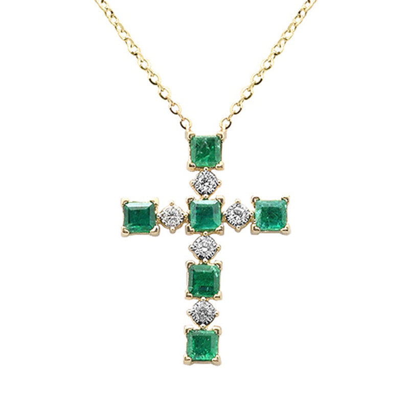 SPECIAL!.77ct G SI 14K Yellow Gold Diamond & Emerald Gemstone Cross Pendant 18" Long