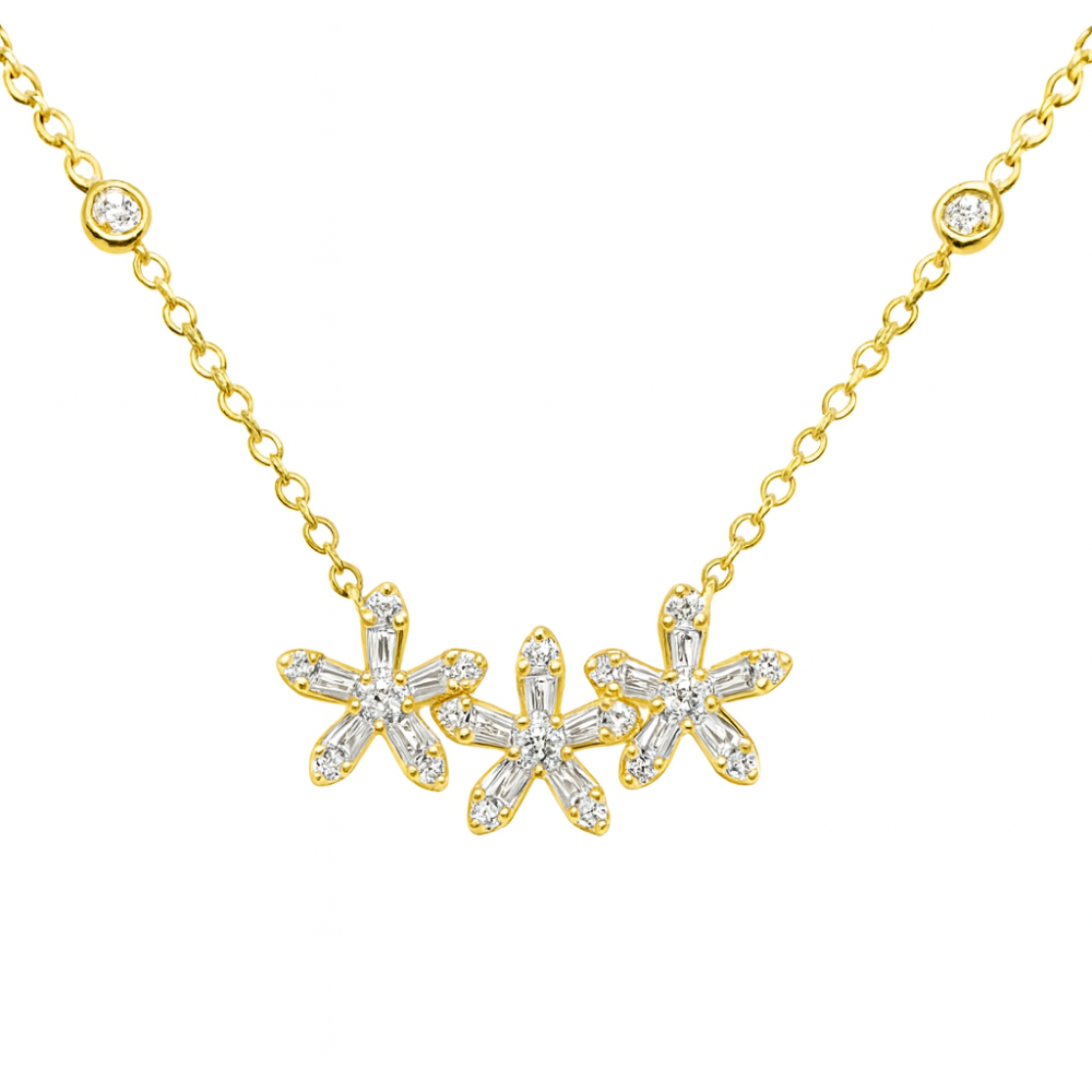 SPECIAL!.39ct G SI 14K Yellow Gold Diamond Three Flower Diamond Pendant Necklace 18" Long