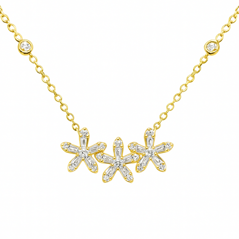 SPECIAL!.39ct G SI 14K Yellow Gold Diamond Three Flower Diamond Pendant Necklace 18" Long