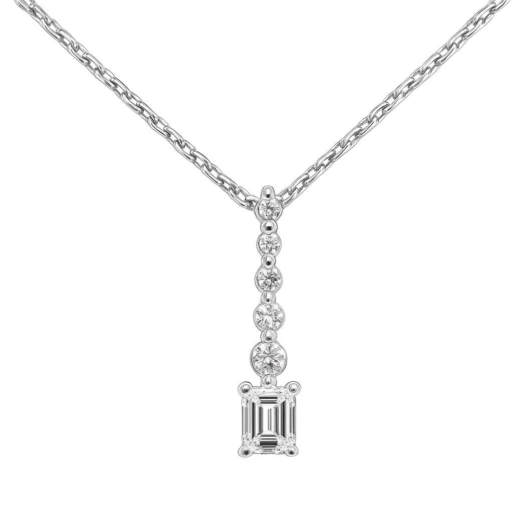 SPECIAL!.31ct G SI 14K White Gold  Radiant Cut Diamond Drop Journey Solitiare Pendant 18" Long