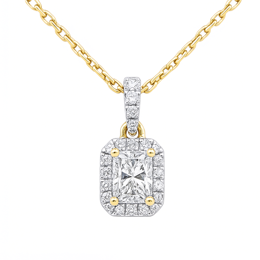 SPECIAL!.49ct G SI 14K Yellow Gold  Radiant Cut Diamond Halo Solitiare Pendant 18" Long
